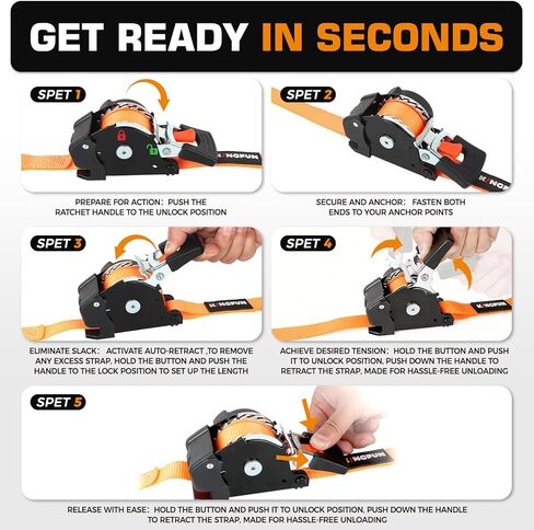 Kingfun Retractable Ratchet Straps (4-Pack) - 1 Inch x 10 Feet Auto Self Retracting Tie Down Straps - 1,760lb Break Strength Heavy Duty Cargo Straps for Motorcycle, ATV, UTV, Trailer & More - Orange in Saudi Arabia
