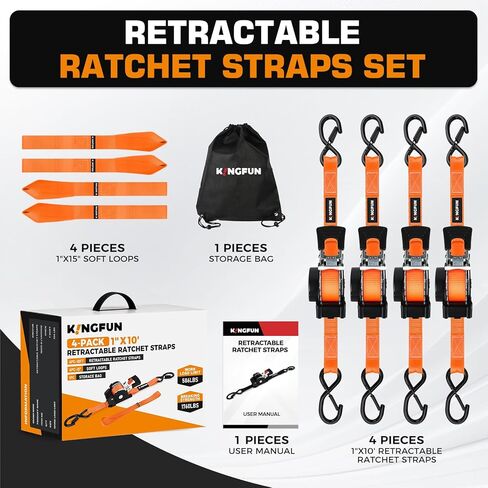 Kingfun Retractable Ratchet Straps (4-Pack) - 1 Inch x 10 Feet Auto Self Retracting Tie Down Straps - 1,760lb Break Strength Heavy Duty Cargo Straps for Motorcycle, ATV, UTV, Trailer & More - Orange in Saudi Arabia