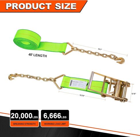 4 inch 40 ft Ratchet Straps with Chain Extension Ends,2 Pack,Heavy Duty Tie Down Straps with Grade 70 Chain Hook, Flatbed Equipment for Trucks and Trailers Cargo Control in Saudi Arabia