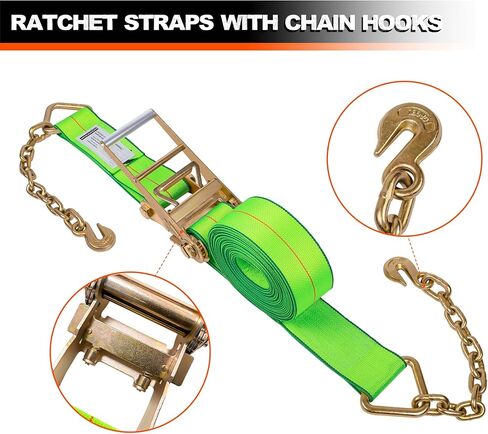 4 inch 40 ft Ratchet Straps with Chain Extension Ends,2 Pack,Heavy Duty Tie Down Straps with Grade 70 Chain Hook, Flatbed Equipment for Trucks and Trailers Cargo Control in Saudi Arabia