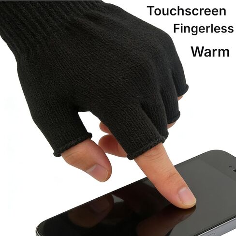 2 Pair Half Finger Gloves Winter Knit Touchscreen Warm Stretchy Mittens Fingerless Gloves in Common Size for Men and Women,black in Kuwait