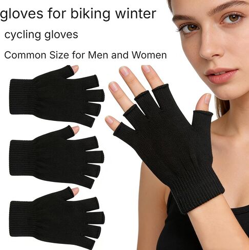 2 Pair Half Finger Gloves Winter Knit Touchscreen Warm Stretchy Mittens Fingerless Gloves in Common Size for Men and Women,black in Kuwait