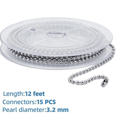 12ft 3.2mm 304 Stainless Steel Beaded Ball Pull Chain Extension Dog tag Chain Pull Chain with 15 Connectors (1, 3.2mm*12ft) in Saudi Arabia