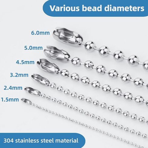 12ft 3.2mm 304 Stainless Steel Beaded Ball Pull Chain Extension Dog tag Chain Pull Chain with 15 Connectors (1, 3.2mm*12ft) in Saudi Arabia