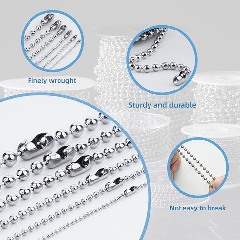 12ft 3.2mm 304 Stainless Steel Beaded Ball Pull Chain Extension Dog tag Chain Pull Chain with 15 Connectors (1, 3.2mm*12ft) in Saudi Arabia
