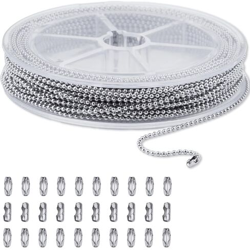 12ft 3.2mm 304 Stainless Steel Beaded Ball Pull Chain Extension Dog tag Chain Pull Chain with 15 Connectors (1, 3.2mm*12ft) in Saudi Arabia