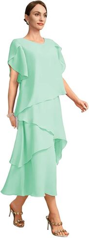 2026 Mother of The Bride Dresses for Women Chiffon Tea Length Wedding Guest Formal Long Tiered Dress Mint Green US12 in Kuwait