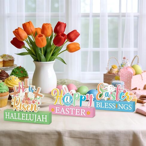 3 Pcs Happy Easter Decorations for Home Eggs Bunny Cross Wooden Table Sign Religious Centerpiece for Table Farmhouse Vintage Blocks for Spring Tiered Tray Decor Home Kitchen Shelf Decor in Saudi Arabia