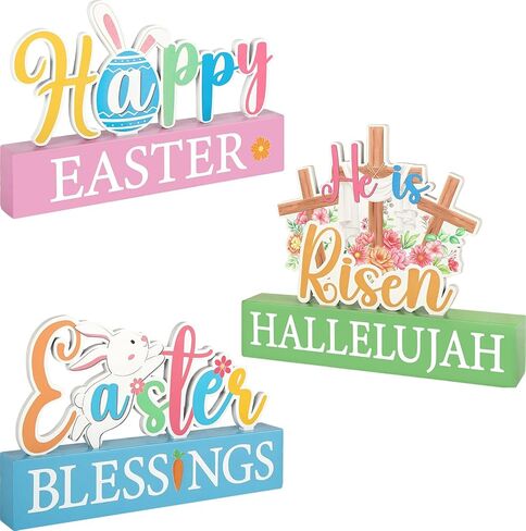 3 Pcs Happy Easter Decorations for Home Eggs Bunny Cross Wooden Table Sign Religious Centerpiece for Table Farmhouse Vintage Blocks for Spring Tiered Tray Decor Home Kitchen Shelf Decor in Saudi Arabia