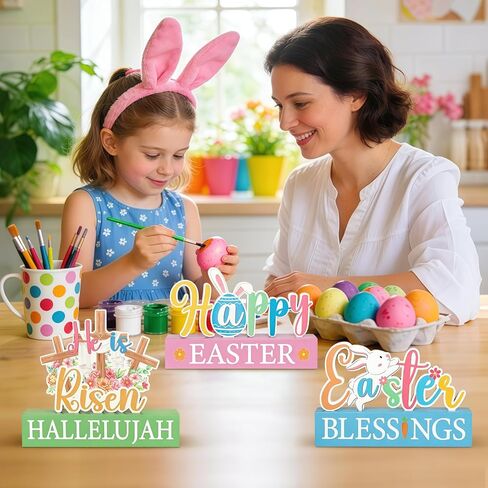3 Pcs Happy Easter Decorations for Home Eggs Bunny Cross Wooden Table Sign Religious Centerpiece for Table Farmhouse Vintage Blocks for Spring Tiered Tray Decor Home Kitchen Shelf Decor in Saudi Arabia