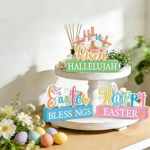3 Pcs Happy Easter Decorations for Home Eggs Bunny Cross Wooden Table Sign Religious Centerpiece for Table Farmhouse Vintage Blocks for Spring Tiered Tray Decor Home Kitchen Shelf Decor in Saudi Arabia