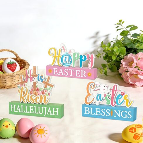 3 Pcs Happy Easter Decorations for Home Eggs Bunny Cross Wooden Table Sign Religious Centerpiece for Table Farmhouse Vintage Blocks for Spring Tiered Tray Decor Home Kitchen Shelf Decor in Saudi Arabia