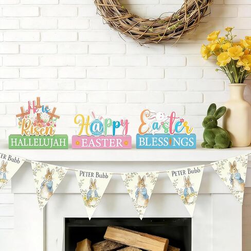3 Pcs Happy Easter Decorations for Home Eggs Bunny Cross Wooden Table Sign Religious Centerpiece for Table Farmhouse Vintage Blocks for Spring Tiered Tray Decor Home Kitchen Shelf Decor in Saudi Arabia