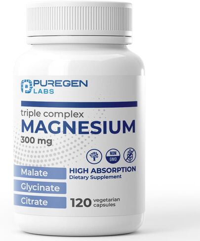 Puregen Labs Triple Magnesium Complex 300mg of Magnesium Glycinate, Malate, & Citrate [High Absorption] 120 Veg Capsules | No Harmful Additives | Non-GMO, NO Gluten and Dairy | Made in USA in Kuwait