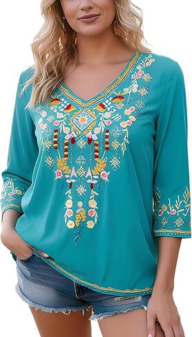 Higustar Mexican Tops for Women Embroidered Shirts Bohemian Hippie Clothes Tunic Fiesta Plus Size Boho Peasant Blouses in Kuwait