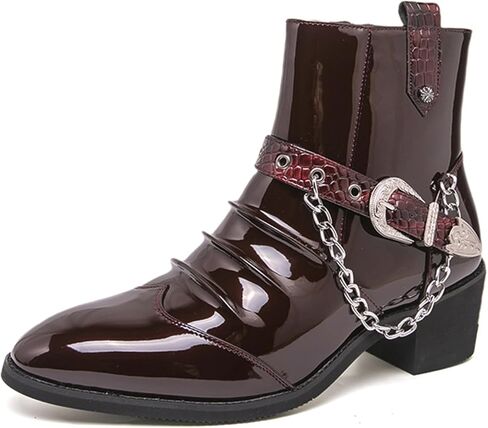 Men's Patent Leather Pointed Toe Chunky Heel Ankle Dress Chelsea Boots with Side Zipper Strap Silver Chain Detail Western Boots Style For Party Wedding Night Formal in Saudi Arabia