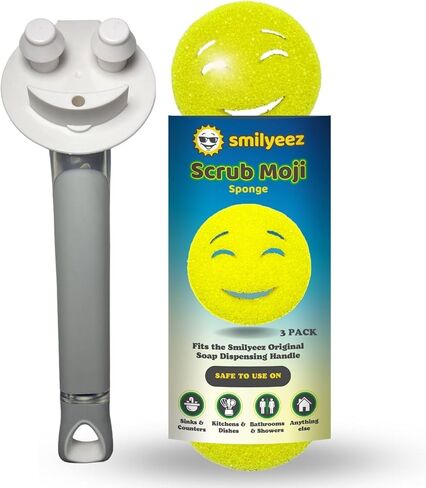 The Original Smiling Sponge Handle Soap Dispensing Handle by Smilyeez - (White) & 3 Purple Scrub Moji Sponges in Kuwait