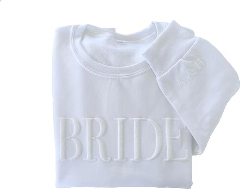 White BRIDE Sweatshirt, Bridal Crewneck with Initials, Minimalist Bride Gift for Engagement, Wedding Day, Bachelorette Party, Embossed, Future Mrs. Sweatshirt in Saudi Arabia