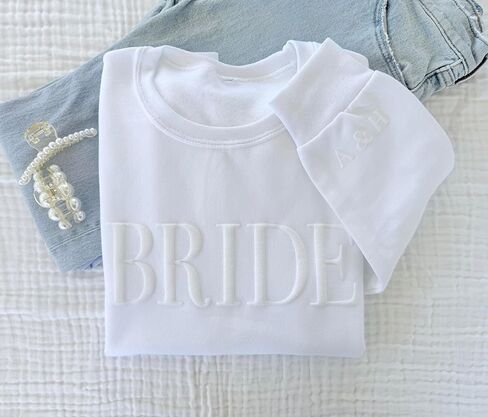 White BRIDE Sweatshirt, Bridal Crewneck with Initials, Minimalist Bride Gift for Engagement, Wedding Day, Bachelorette Party, Embossed, Future Mrs. Sweatshirt in Saudi Arabia