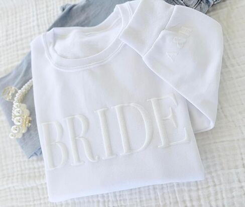 White BRIDE Sweatshirt, Bridal Crewneck with Initials, Minimalist Bride Gift for Engagement, Wedding Day, Bachelorette Party, Embossed, Future Mrs. Sweatshirt in Saudi Arabia