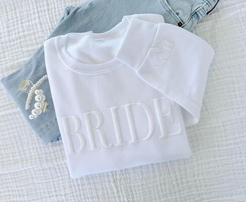 White BRIDE Sweatshirt, Bridal Crewneck with Initials, Minimalist Bride Gift for Engagement, Wedding Day, Bachelorette Party, Embossed, Future Mrs. Sweatshirt in Saudi Arabia