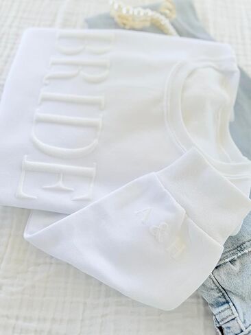 White BRIDE Sweatshirt, Bridal Crewneck with Initials, Minimalist Bride Gift for Engagement, Wedding Day, Bachelorette Party, Embossed, Future Mrs. Sweatshirt in Saudi Arabia