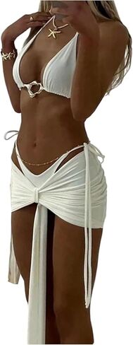 GORGLITTER Women's 3 Piece Swimsuits Sexy Triangle Halter String High Cut Bathing Suit with Cover Up Skirt Swimwear in Saudi Arabia