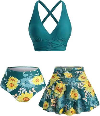 DRESSFO Retro Bikini Sets for Women 3 Piece Vintage Bikini Sunflowers Printed High Waisted Tankini Swimsuits Bathing Suit in Kuwait