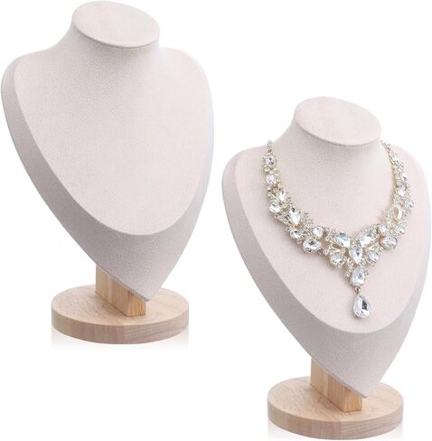 2 Pcs Beige Necklace Display Stand Bamboo Velvet Jewelry Necklace Bust Holder for Home Store Vendor Trade Show Photography Retail in Kuwait