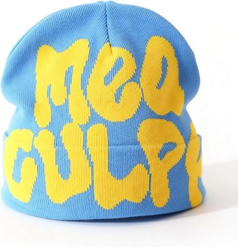 قبعة صوف محبوكة من MEA Culpa Beanie - أزرق صيفي، قبعة هيب هوب دافئة باردة بتصميمات جرافيك جاكار على شكل جمجمة in Kuwait