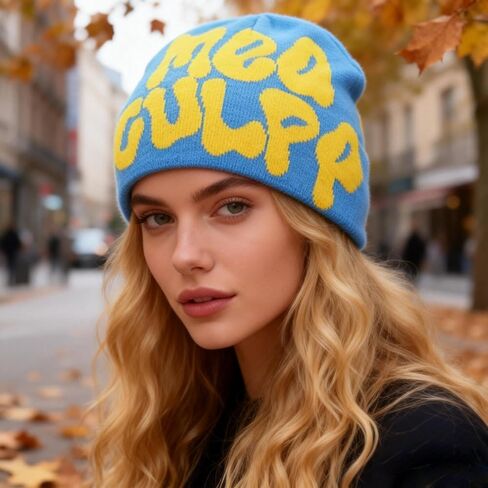 قبعة صوف محبوكة من MEA Culpa Beanie - أزرق صيفي، قبعة هيب هوب دافئة باردة بتصميمات جرافيك جاكار على شكل جمجمة in Kuwait
