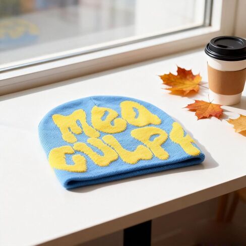 قبعة صوف محبوكة من MEA Culpa Beanie - أزرق صيفي، قبعة هيب هوب دافئة باردة بتصميمات جرافيك جاكار على شكل جمجمة in Kuwait