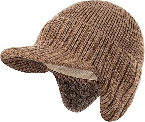 Winter Beanie with Brim and Ear Flaps for Men, Knitted hat with Fleece Lining for Warmth Caps for Men Women in Kuwait