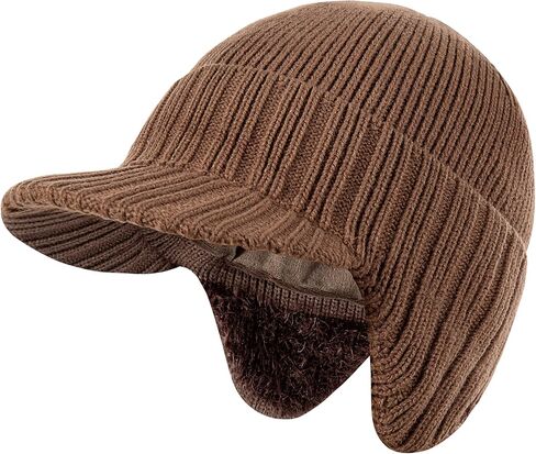 Winter Beanie with Brim and Ear Flaps for Men, Knitted hat with Fleece Lining for Warmth Caps for Men Women in Kuwait