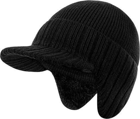 Winter Beanie with Brim and Ear Flaps for Men, Knitted hat with Fleece Lining for Warmth Caps for Men Women in Kuwait