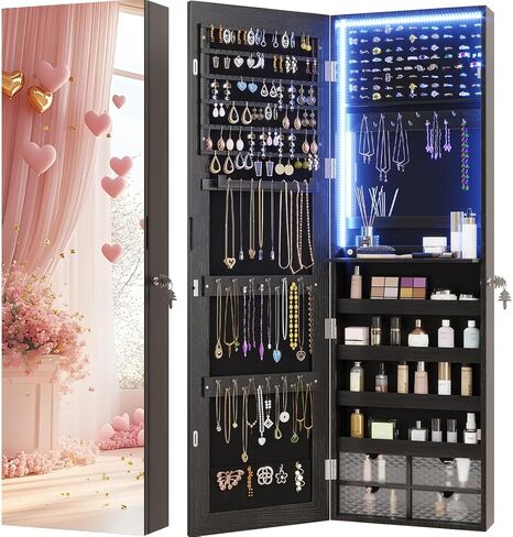 Vlsrka 47.2" LED Jewelry Mirror Cabinet, Wall/Door Mounted Hanging Jewelry Armoire Organizer with Full-Length Mirror, Large Storage Cabinet, 4 Drawers, 5 Shelves, Built-in Lighted Mirror (Black) in Kuwait