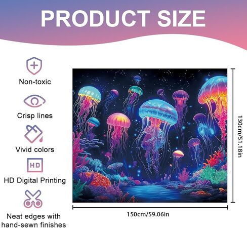 CRAFTYMELODY Neon Jellyfish Blacklight Tapestry Underwater Glow in the Dark Tapestry UV Reactive Ocean Theme Wall Hanging 59×51 Inch with Hook Self Adhesive Sticker Clip for Home Wall Decor in Kuwait