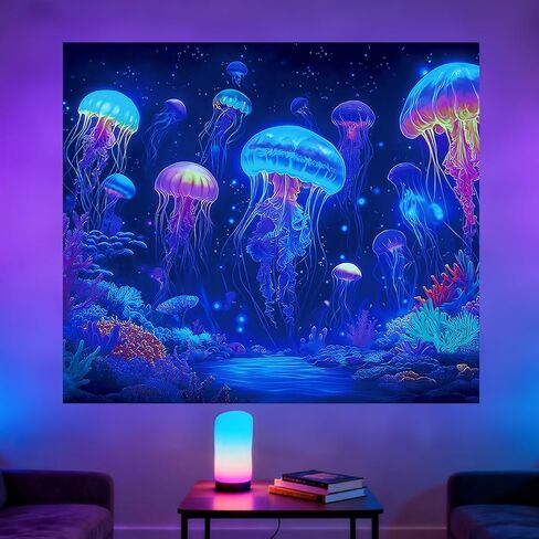 CRAFTYMELODY Neon Jellyfish Blacklight Tapestry Underwater Glow in the Dark Tapestry UV Reactive Ocean Theme Wall Hanging 59×51 Inch with Hook Self Adhesive Sticker Clip for Home Wall Decor in Kuwait