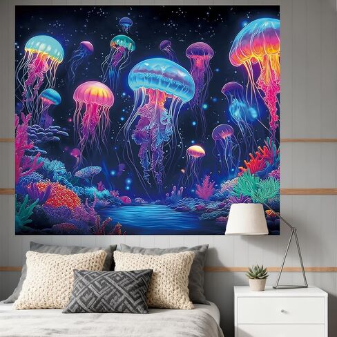 CRAFTYMELODY Neon Jellyfish Blacklight Tapestry Underwater Glow in the Dark Tapestry UV Reactive Ocean Theme Wall Hanging 59×51 Inch with Hook Self Adhesive Sticker Clip for Home Wall Decor in Kuwait