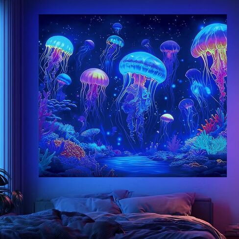 CRAFTYMELODY Neon Jellyfish Blacklight Tapestry Underwater Glow in the Dark Tapestry UV Reactive Ocean Theme Wall Hanging 59×51 Inch with Hook Self Adhesive Sticker Clip for Home Wall Decor in Kuwait