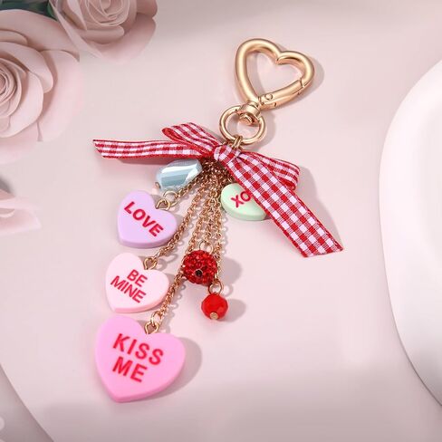 Cute Heart Keychain Valentines Day Candy Conversation Heart Bow Charm Kawaii Keychain Accessories Gift for Women in Saudi Arabia