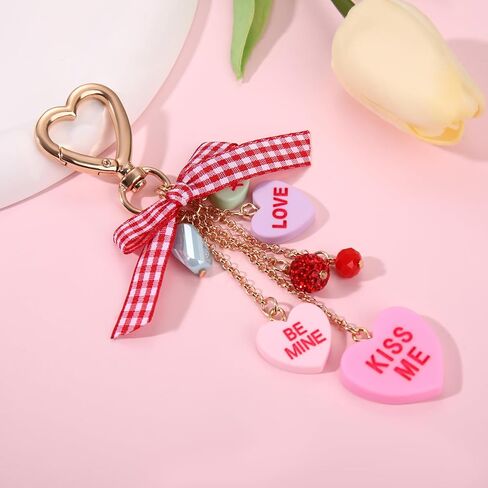 Cute Heart Keychain Valentines Day Candy Conversation Heart Bow Charm Kawaii Keychain Accessories Gift for Women in Saudi Arabia