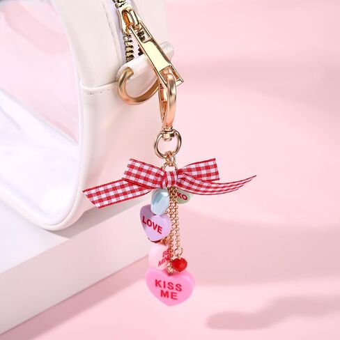 Cute Heart Keychain Valentines Day Candy Conversation Heart Bow Charm Kawaii Keychain Accessories Gift for Women in Saudi Arabia