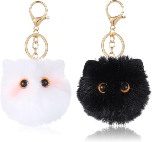 Black Cat Keychain 2pcs Cute Plush Backpack Charms Cat Plush Keychains Purse Charm White Pom Pom Cats Car Keychain Gifts for Women Couple Keychains Handbags Backpacks and Wallets Accessories in Kuwait
