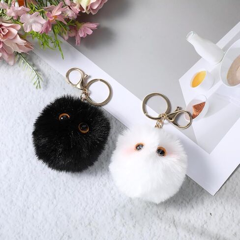 Black Cat Keychain 2pcs Cute Plush Backpack Charms Cat Plush Keychains Purse Charm White Pom Pom Cats Car Keychain Gifts for Women Couple Keychains Handbags Backpacks and Wallets Accessories in Kuwait