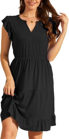 Jayscreate Women's V Neck Ruffle Cuff Work Casual Dress 2026 Above Knee Summer Elastic Waist Pocket Dress in Saudi Arabia
