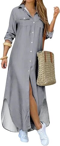 فستان نسائي بأزرار سفلية وأكمام طويلة ورقبة على شكل حرف V كاجوال مناسب للشمس وبلوزة فضفاضة طويلة in Kuwait