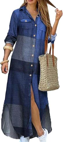 Womens Button Down Rolled Up Long Sleeve V-Neck Casual Fit Sundress Floral Maxi Loose Blouse Dress in Saudi Arabia