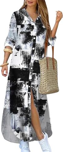 Womens Button Down Rolled Up Long Sleeve V-Neck Casual Fit Sundress Floral Maxi Loose Blouse Dress in Saudi Arabia