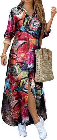 Womens Button Down Rolled Up Long Sleeve V-Neck Casual Fit Sundress Floral Maxi Loose Blouse Dress in Saudi Arabia